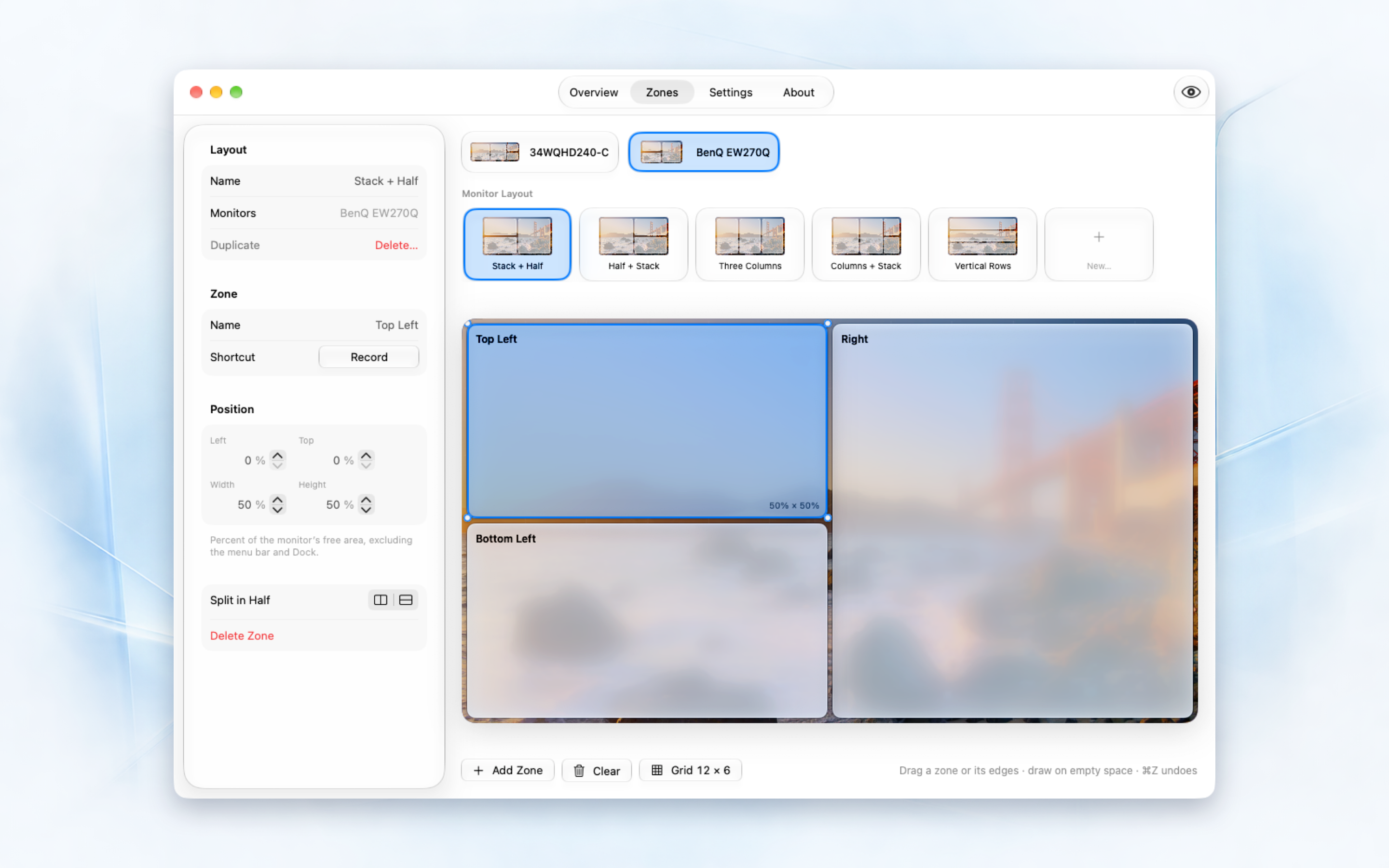 Quick Snap zone editor with two displays, layout presets, and a selected zone