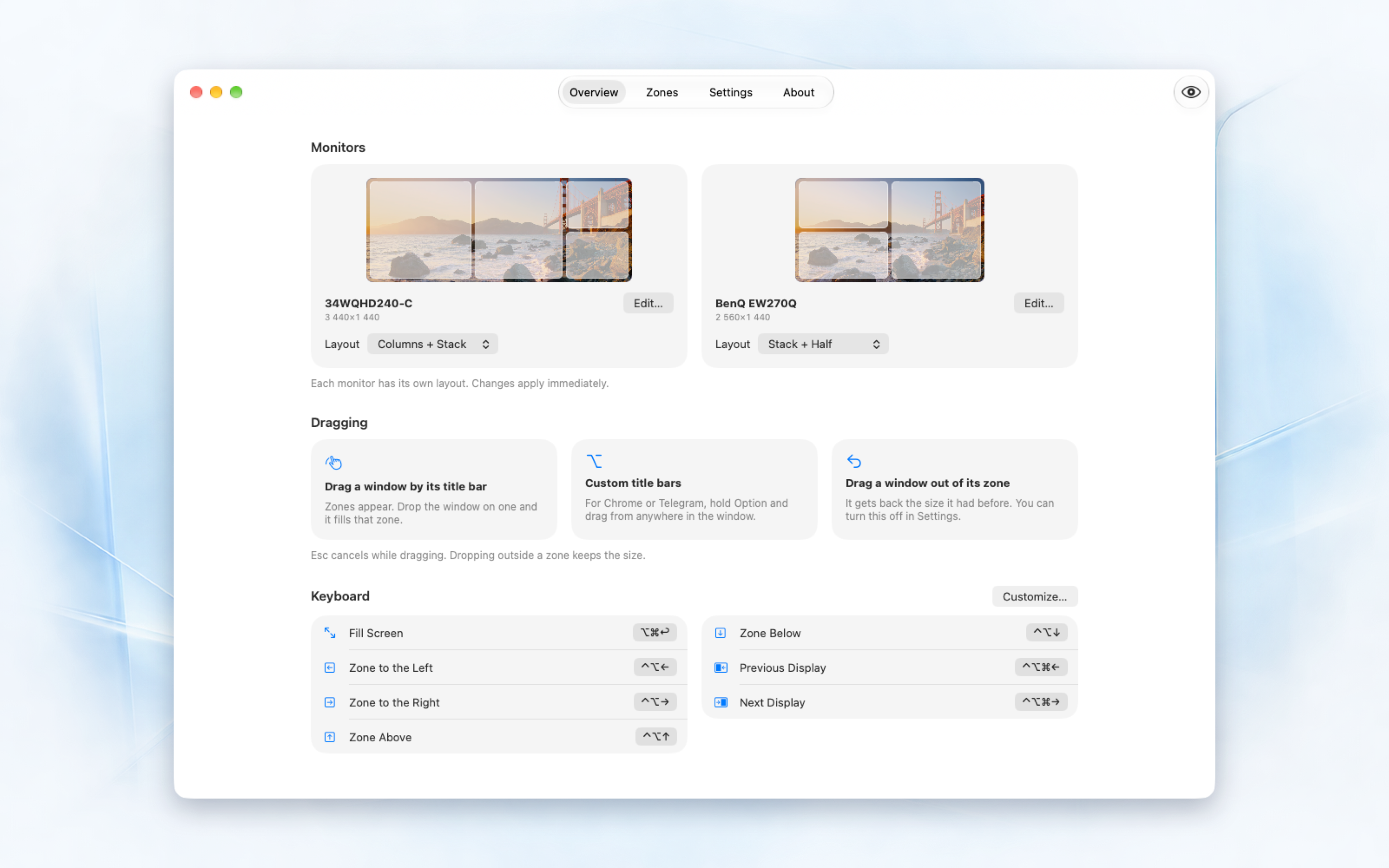 Quick Snap overview showing monitor cards and window layouts