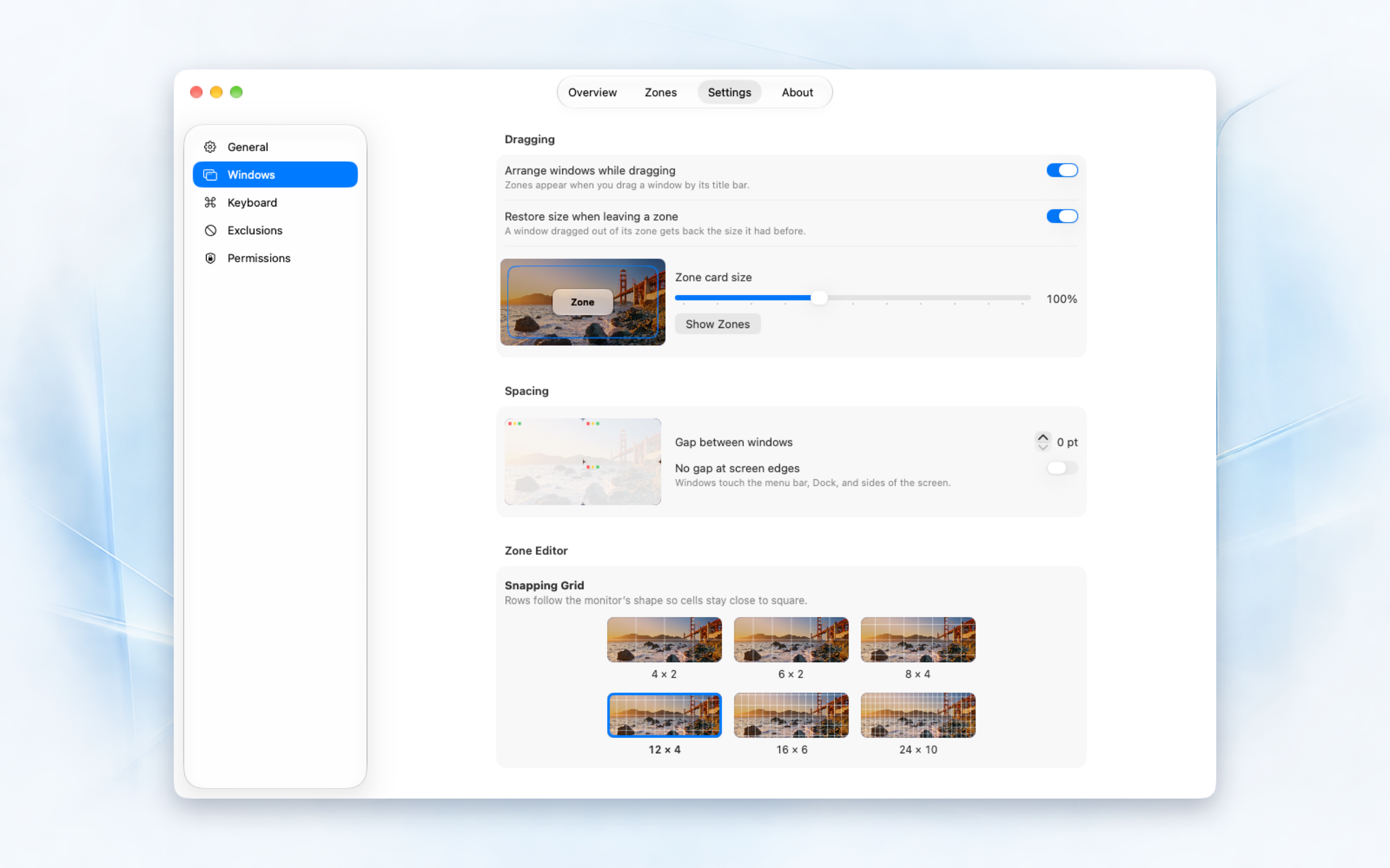 Quick Snap window settings for drag snapping and gaps