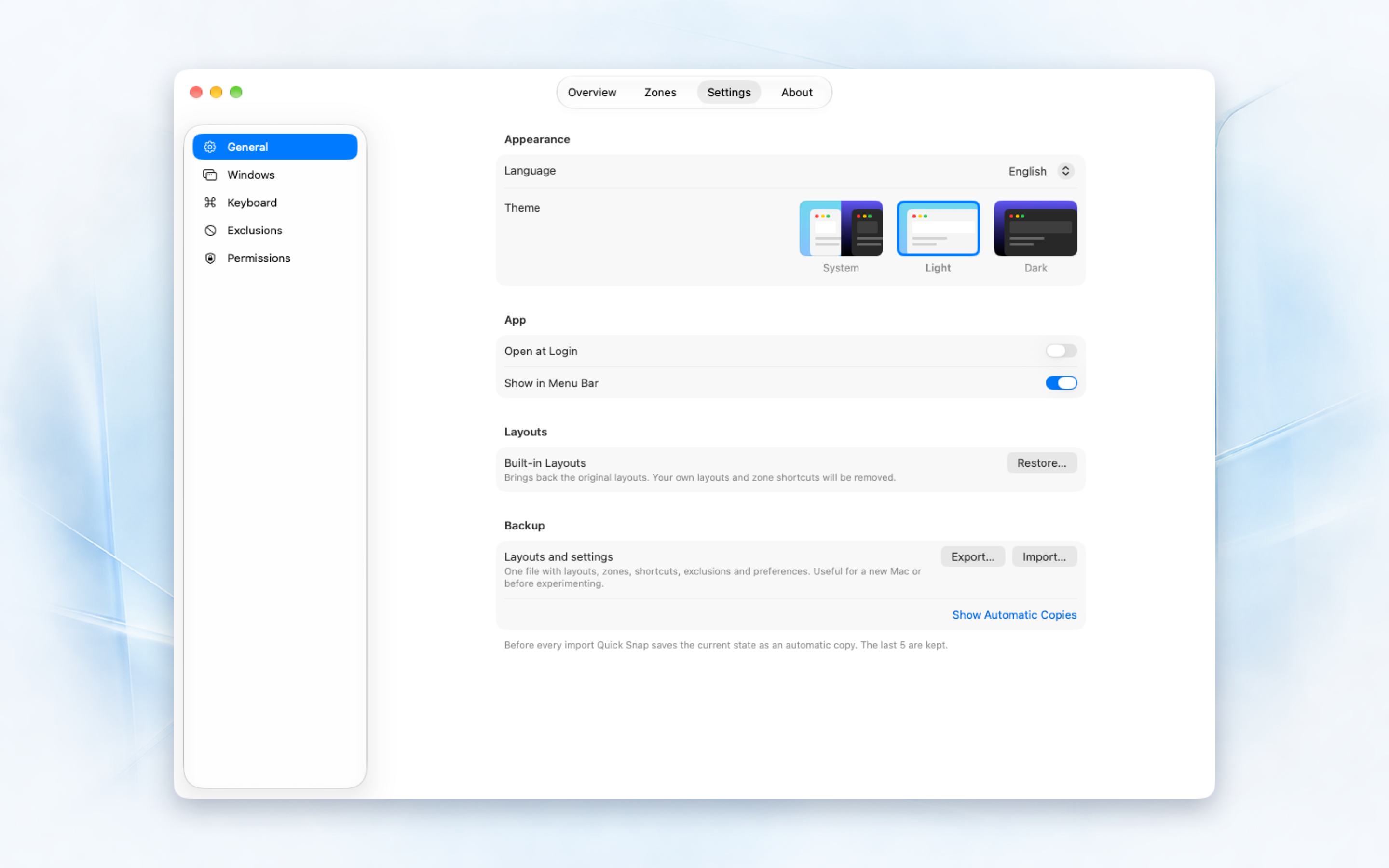 Quick Snap general settings for language, theme, and backup