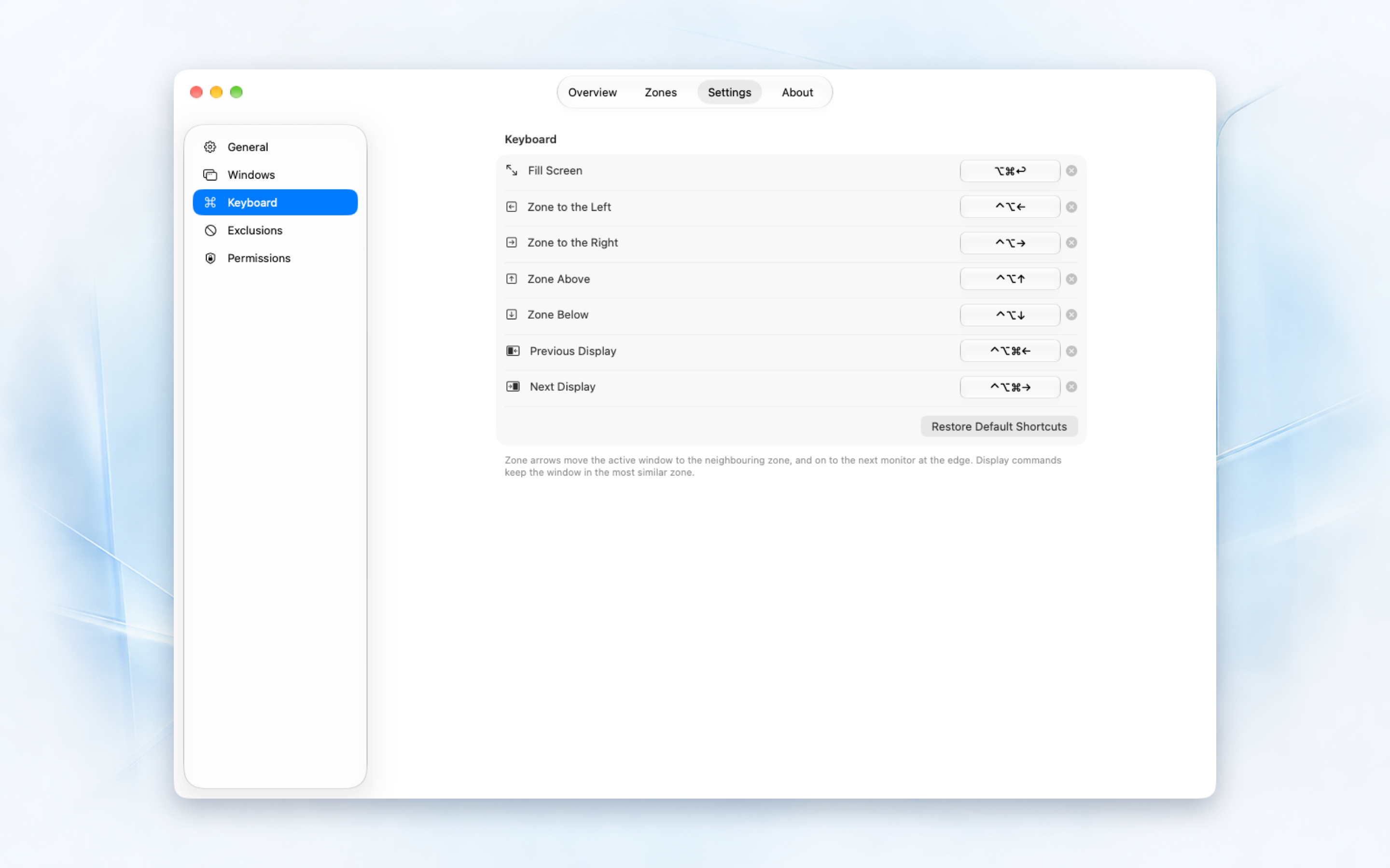 Quick Snap keyboard settings with commands and shortcuts