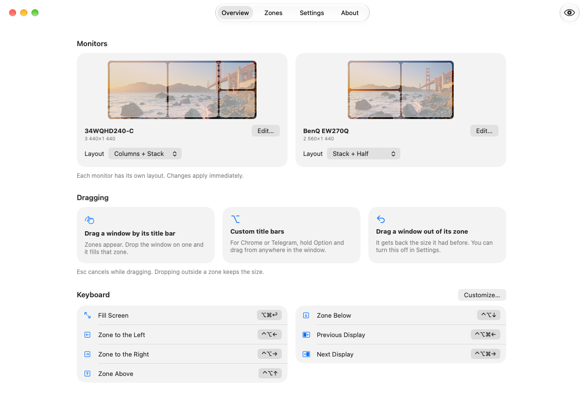 Quick Snap overview showing monitor cards and window layouts